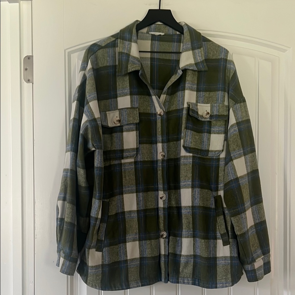 Chic Soul Green and Blue Plaid Shirt Jacket